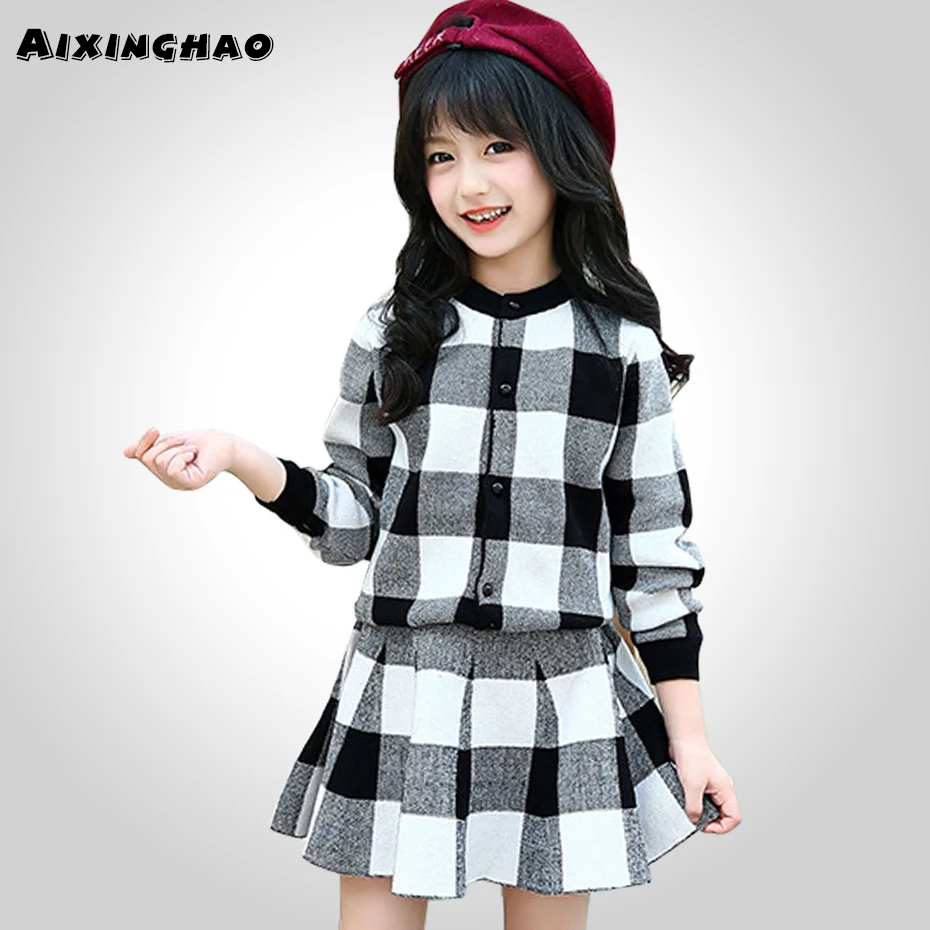 Зимний свитер для девочек, комплект одежды, Детский Теплый трикотажный свитер и юбка комплект с платьем из 2 предметов одежда для подростков 6, 8, 10, 12, 14 лет