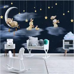 Скандинавская ручная роспись детская комната мультфильм кролики небо ночные звезды обои 3D прекрасная роспись с животными обои для детской