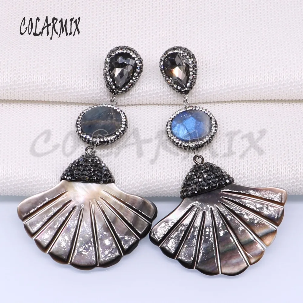 

3 pairs natural shell earrings Fan shape with natural labradorite stone wholesale jewelry earrings wholesale jewelry 3884