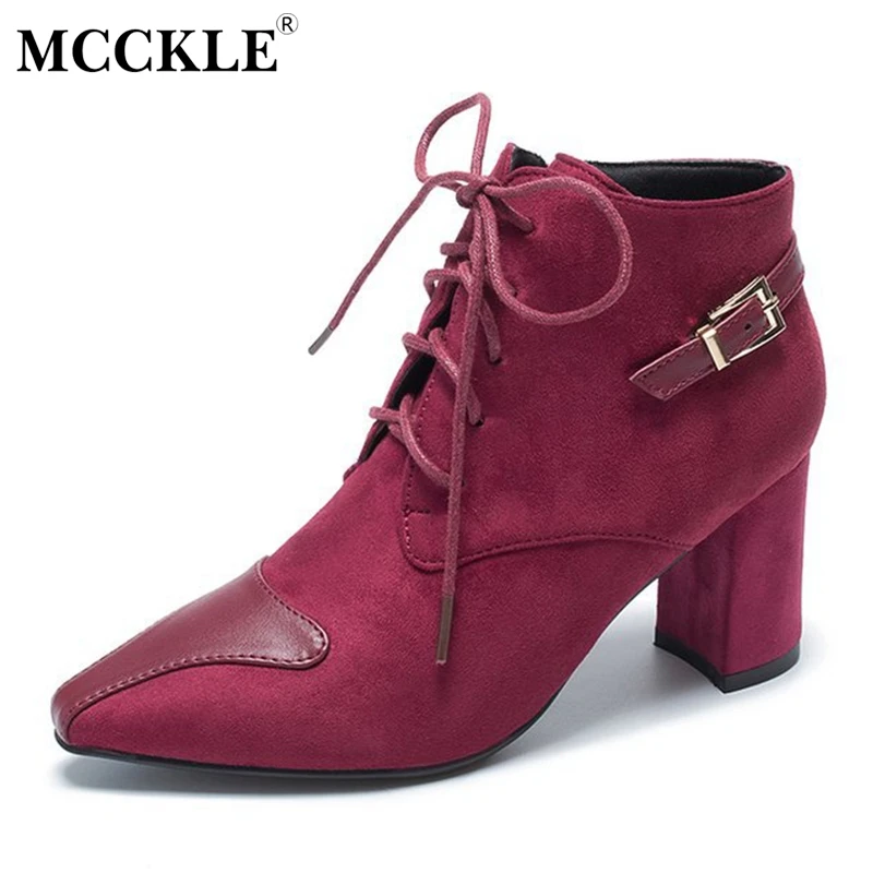 

MCCKLE Women Ankle Boots Winter Square HIgh Heels Female Suede Pointed Toe Buckle Short Boots Fashionable Ladies Party Footwear