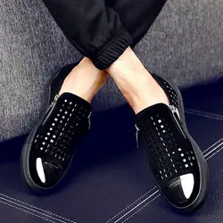 Модные мужские черные туфли на молнии из натуральной кожи со стразами, брендовая повседневная обувь на низкой красной подошве, мужские