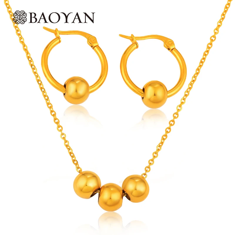 

BAOYAN 316L Stainless Steel Gold Color Beaded Necklace Hoop Earrings Jewellery Set for Fashion Jewelry for Women