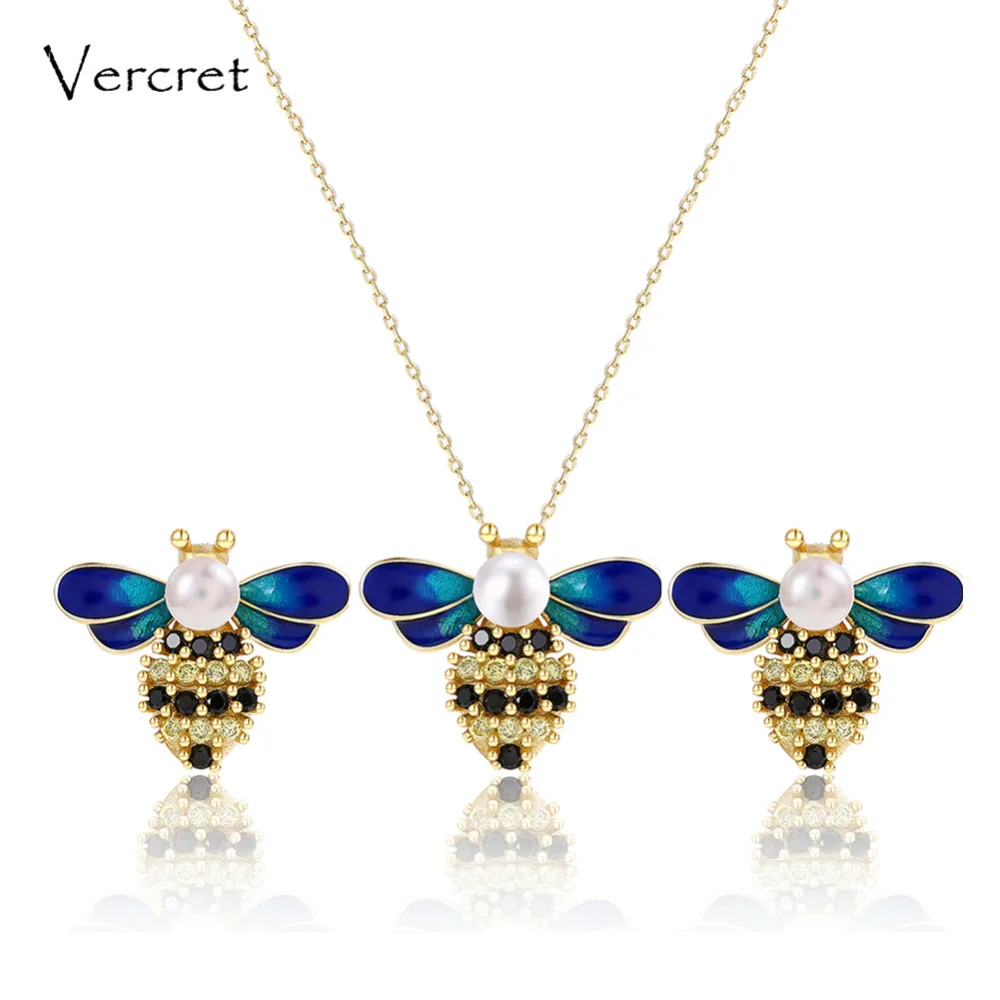 

Vercret 18k gold freshwater pearl jewelry sets 925 sterling silver trendy bee necklace earrings set pearl jewelry for women