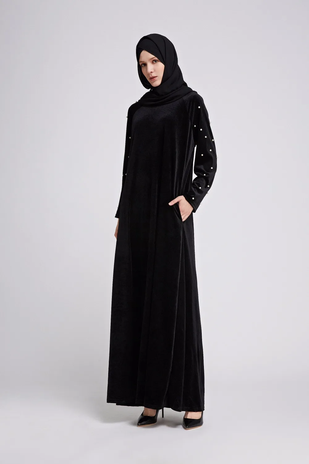 Элегантные модные мусульманское abaya Макси платье Бисер Туника длинный халат кимоно Рамадан Арабская, Дубай Кафтан Исламская, молитвенная Костюмы