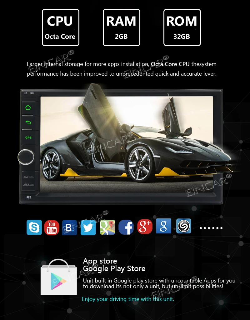 Excellent Steering Wheel Control FM/AM Radio 32GB ROM Five Touch Screen Eincar Android 8.1 Car Stereo MP3 Player Octa Core 2GB RAM 32GB 9
