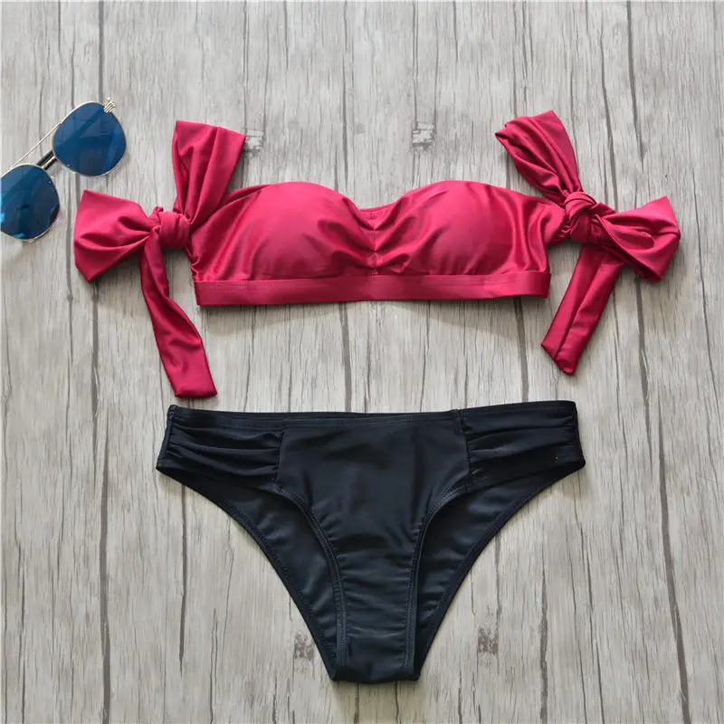 Wine Red Bikini Bandage Swimsuit Solid Swimwear Women Bandeau Bikini ...