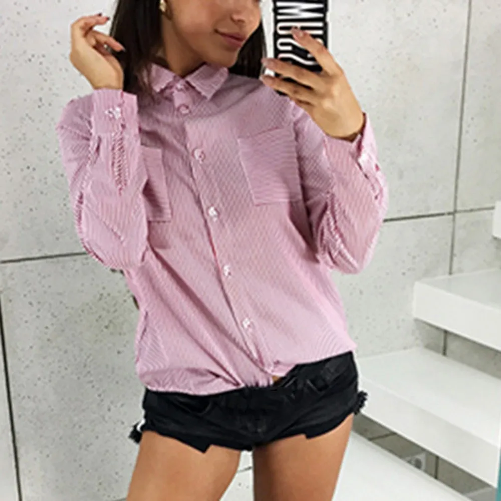 Модные Рубашка в полоску Для женщин женские Blusas полосатый длинный рукав; пуговицы карман блузка Для женщин s Топы и блузки Camisa Mujer