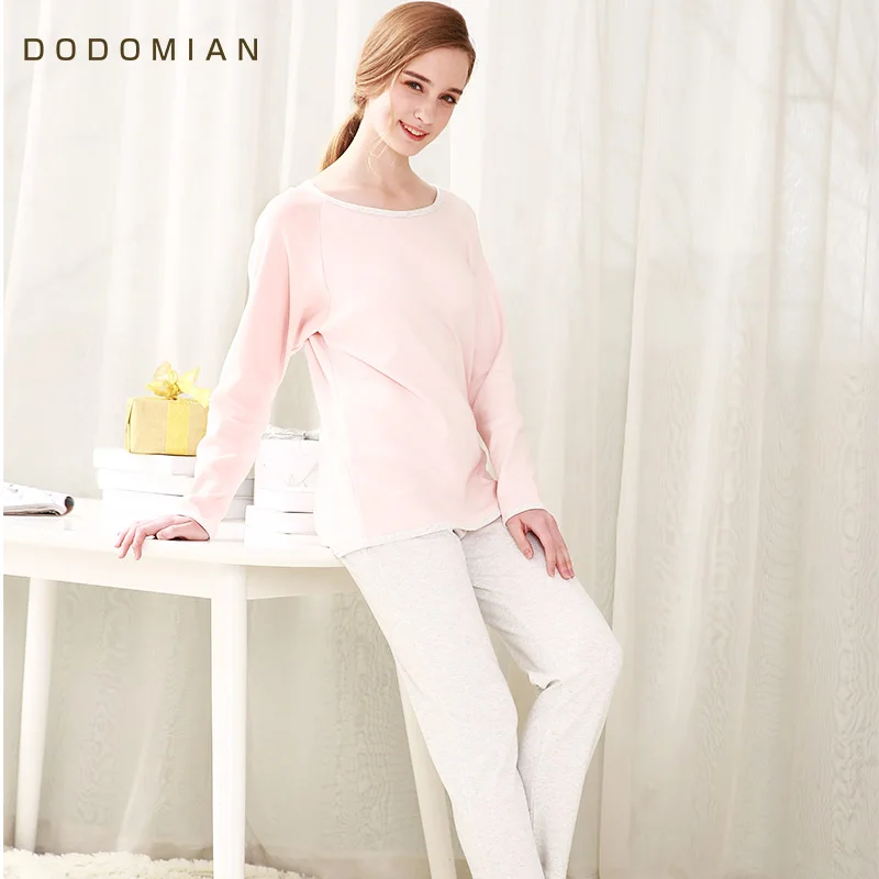 

Sexy Pijamas 2019 Autumn Women Cotton Pajama Sets 2 Piece Round Neck Elegant Sleep Suit Women Home Clothes Pink T shirt+Pants