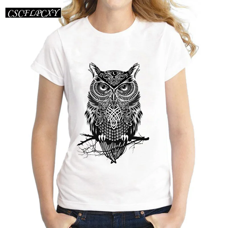 المتناثرة الأزياء المحملة قميص فام ثعلب صغير و البومة طباعة 2016 الصيف نمط الحيوان T قميص المرأة التي شيرت النساء قمم قصيرة الأكمام