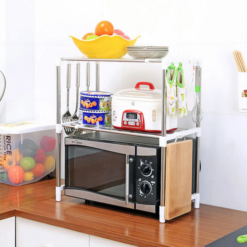 

Adjustable Stainless Steel Multi-Purpose Microwave Oven Shelf Rack Standing Type Double Storage Holders For Kitchen Tools