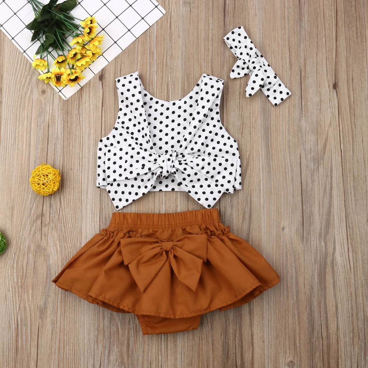 Newborn Infant Kid Girls Polka Dot Tops Headband Bow Knot Skirt 3PCS Clothes oddler Kids Baby Girl Tube Tops