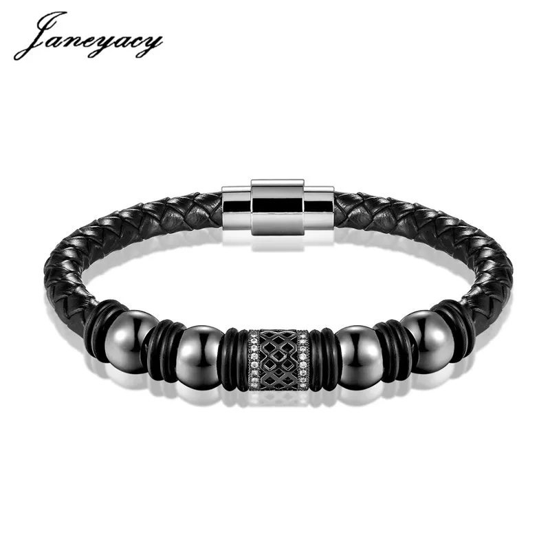 

Janeyacy New Brand Bangle Casual Leather Bracelet Women Fashion Zircon Bead DIY Bracelet Men CZ Bracelet Accessories Pulseira