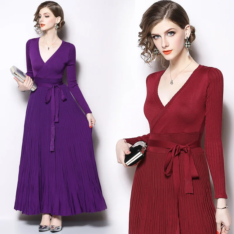 Fashion Long Winter Dress 2018 Women Full Sleeve V Neck Slim Casual