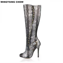Плюс размеры 35–43 модные заклепки женские сапоги змея Стиль сапоги до колена Повседневная обувь на высоком каблуке осень-зима насос