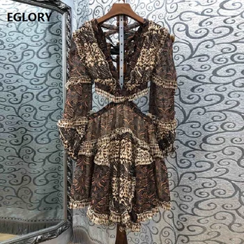 

One Piece Dress 2019 Sring Summer Casual Bohemian Dress Women Sexy Deep V-Neck Hollow Out Backless Long Sleeve Mini Dress Beach