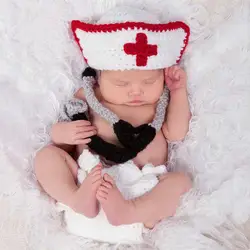 Новорожденный реквизит для фотосъемки Аксессуары для девочек детский вязаный костюм Младенческая шапка медсестры + брюки + стетоскоп