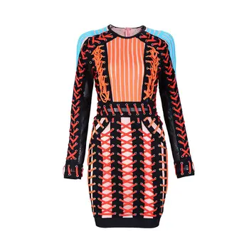 

2018 Celebrity Runway Mesh Bandage Dress O neck Black Blue Long Sleeve Orange handmade Cross Winter Dress Women Party Dresses
