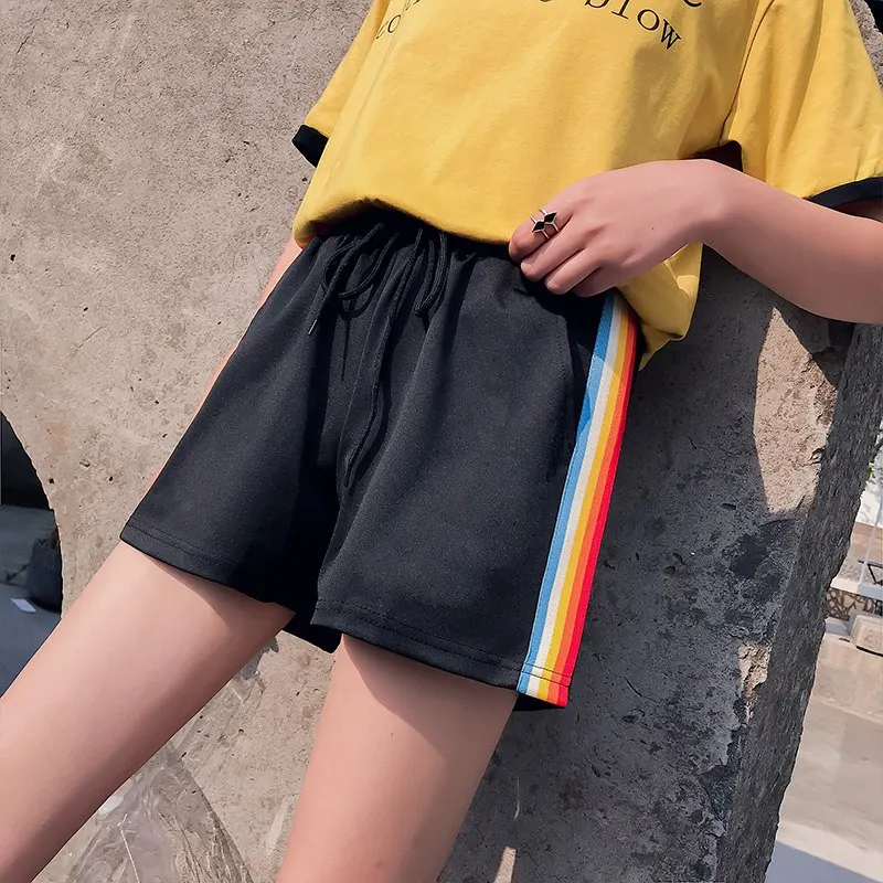 Summer Side Striped Wide Leg Shorts Women Harajuku Fitness Workout