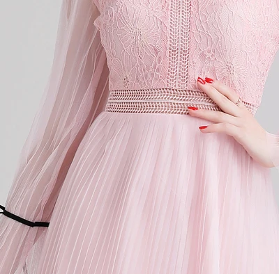 Fashion Sweet Girls Pink Lace Mesh Patchwork Pleated Dresses Women s Flare Sleeve Hollow Out Princess Party Dress Fashion Sweet Girls Pink Lace Mesh Patchwork Pleated Dresses Women s Flare Sleeve Hollow Out Princess Party Dress