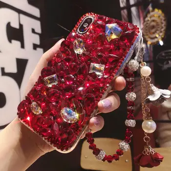

For iPhone XS max Luxury Bling RED Crystal Diamond case for iphone 8plus XR X 6S 6SP 7 7P Glitter Lady Girl gift cover +strap