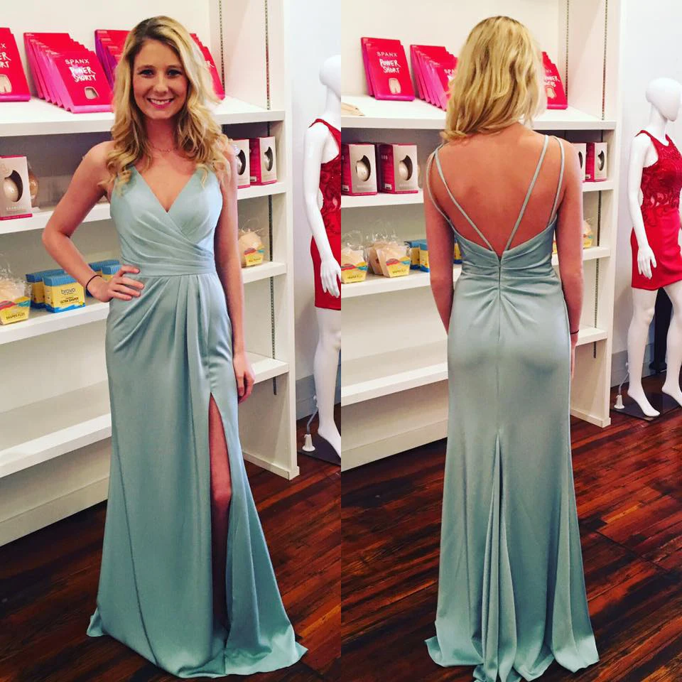 

2019 Sexy Long Wedding Party Dresses High Split Backless Spaghetti Strap A Line Floor Length Elastic Satin Bridesmaid Dress