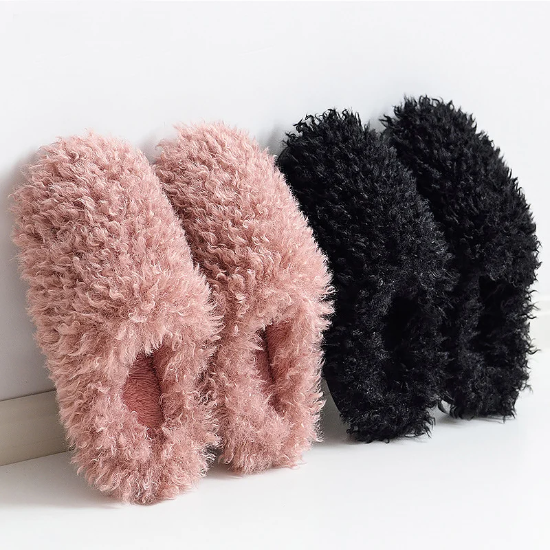 

Solid Fur Slippers Winter Plus Size 45-47 Wool TPR Soft Indoor Slippers For Boys Short Plush Walking Shoes Male Hot Sale