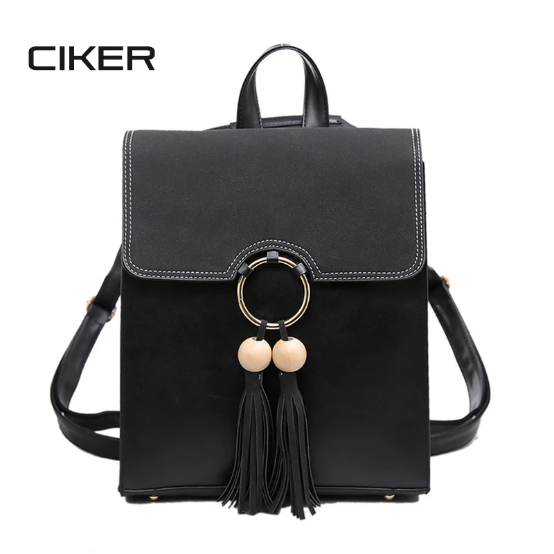 CIKER 2017 Scrub PU Leather Women Backpack Fashion Tassel Square Backpacks For Girls A4 Notebook School