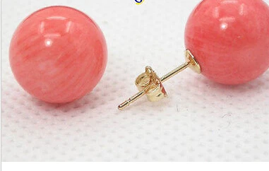 

ry00499 AAA Genuine 100% natural 12mm round pink coral earrings 14KGP
