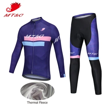 

MT&C Woman Winter Cycling Jersey Set Purple Cyan WindProof Fleece Pro Cycling Team Clothing Quick Dry 9D Gel Pad Bike Clothes