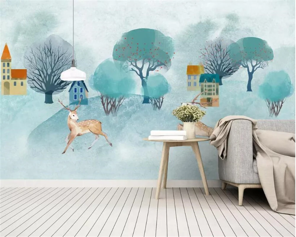 

Beibehang Custom 3d wallpaper mural Small fresh Large HD hand painted watercolor cartoon elk big tree background wall wallpaper