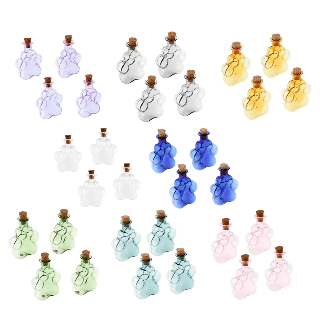 4Pcs Mini Paw Empty Glass Wishing Bottle Vial Pendant Charms Jars with Cork Stoppers DIY Craft