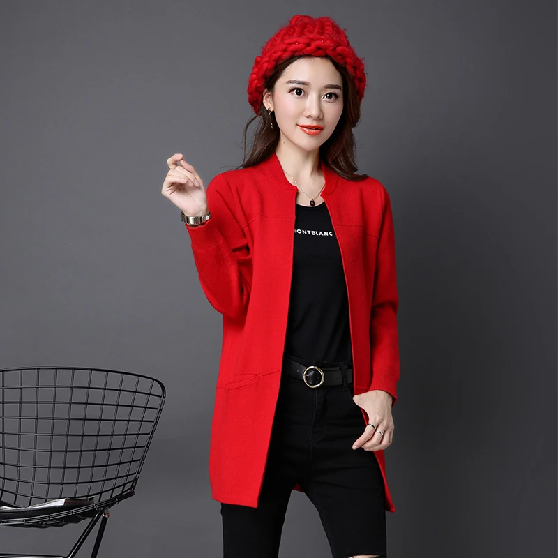 PEONFLY, новинка, женский осенний зимний свитер,, длинный кардиган, корейский, тонкий, с карманами, свободный, вязаный свитер, верхняя одежда, пальто, джемпер - Цвет: Red