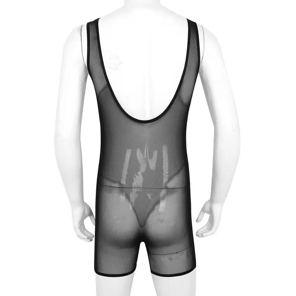 Men Sexy Sheer Mesh Jumpsuit Bodysuit Bulge Pouch Wrestling Singlet Lingerie One Piece Leotard Gay Underwear Briefs