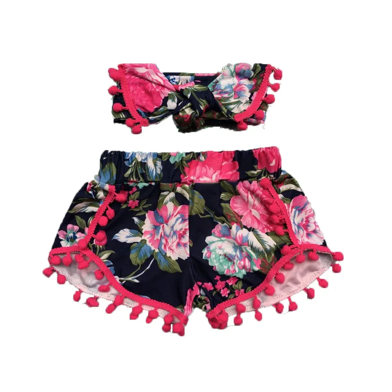 Navy Floral Baby Girls Short ,Pom Pom Girls Short headband outfit