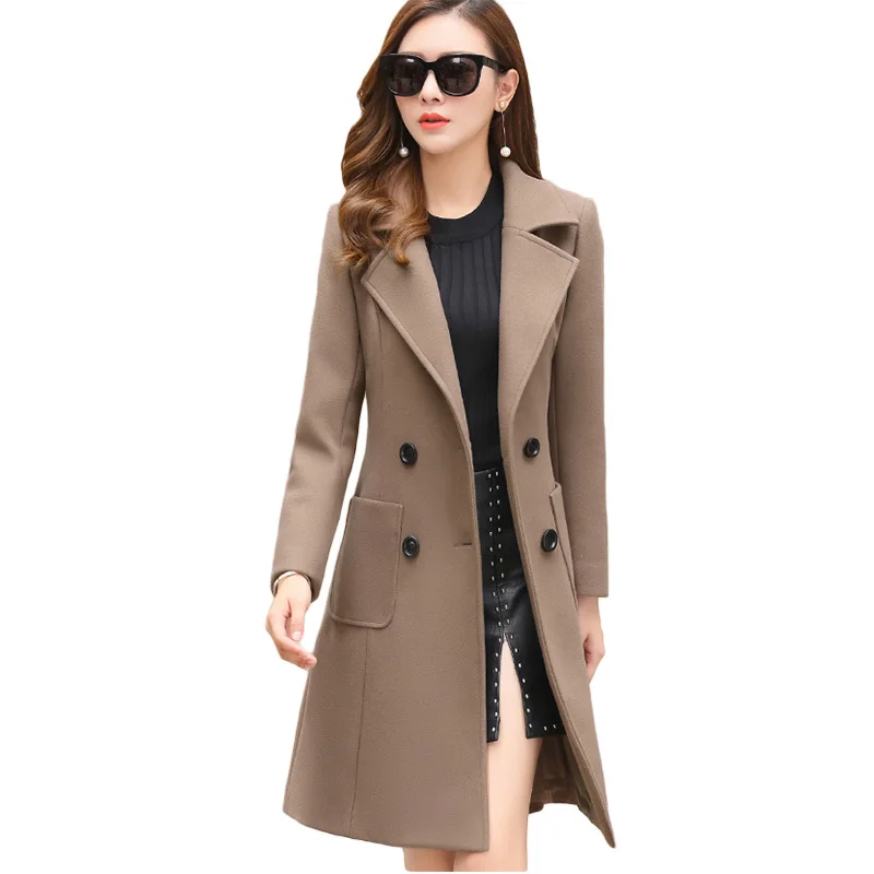 

XUXI 2019 New Slim Fit Fashion Warm Casual Office Lady Blends Womans Coat Jacket Khaki Women Winter Wool Coats Plus Size FZ236
