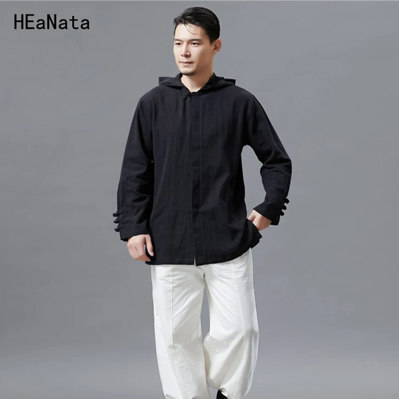 

Autumn Linen Men Chinese Traditional Hooded Jacket Clothing Casual Ethnic Harajuku Cardigan Hidden A Buckle Black Loose