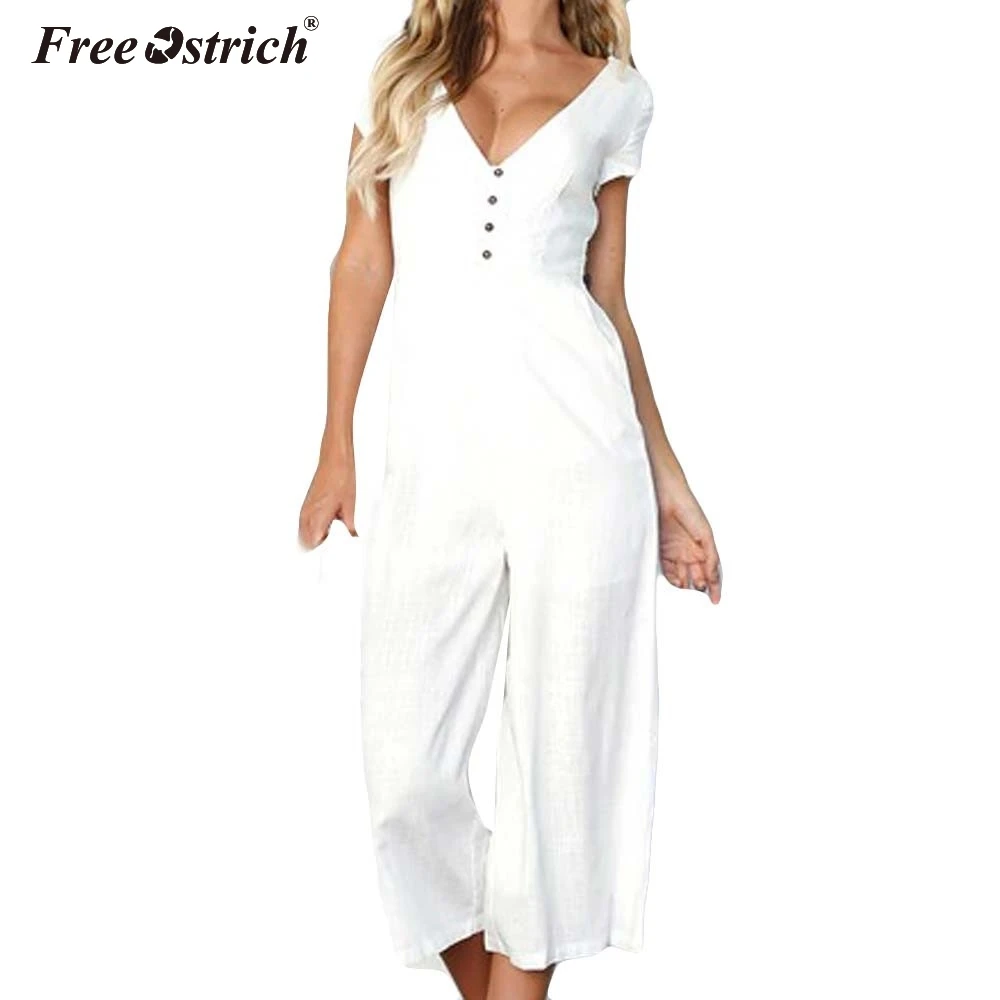 

Free Ostrich Wide Leg Pants Long Playsuit 2019 Casual Button Female Short Sleeve Summer Bodysuits Sexy V Neck Women Jumpsuit N30