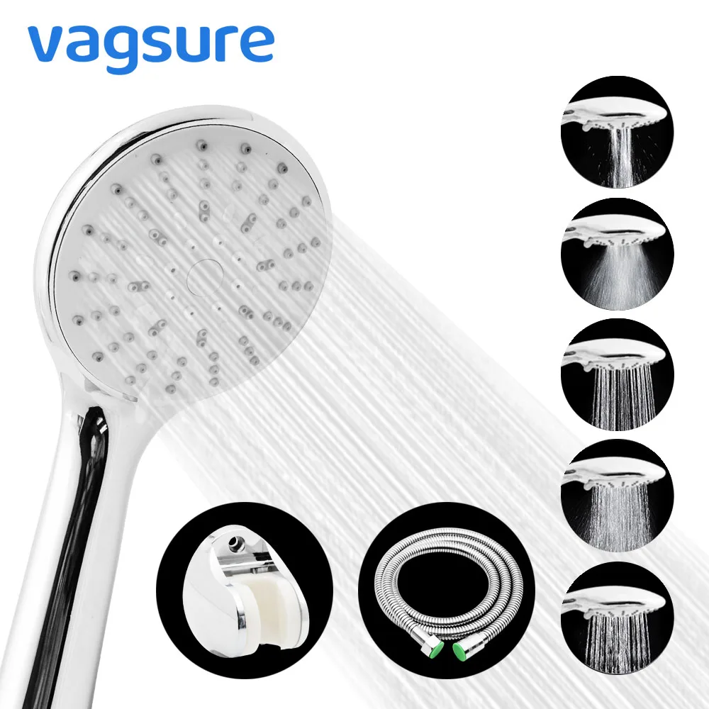 

Five-Function Hand Held Round Shower Head ABS Plastic Chrome Finish Water Saving High Pressure Bathroom Plumbing Hose Holder