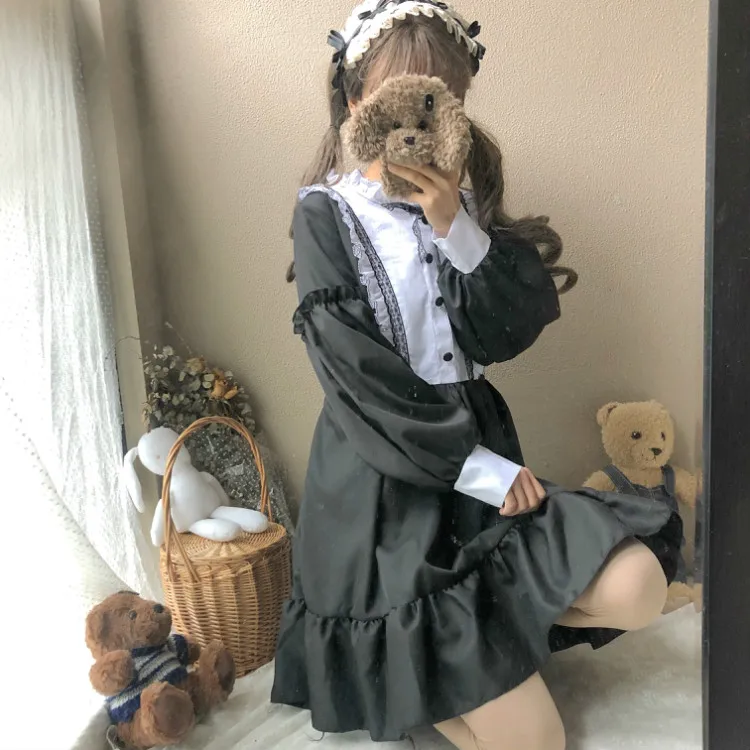 Женские платья в винтажном стиле Kawaii Ulzzang Цвет блок милое платье с длинными