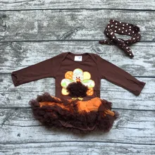 2016 Thanksgiving turquie coton livraison gratuite bébé filles manches longues nourrissons cadeau tutu brun barboteuse avec bandeau assorti