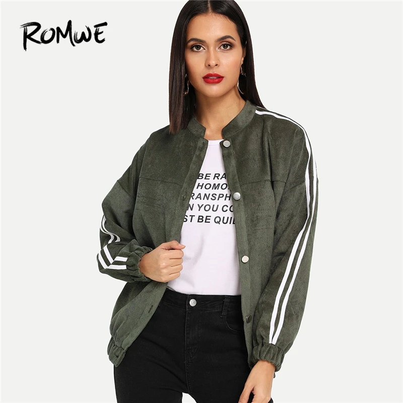 Promo  ROMWE Army Green Striped Side Womens Jackets And Coats Autumn Casual Clothes Fashion Clothing Singl