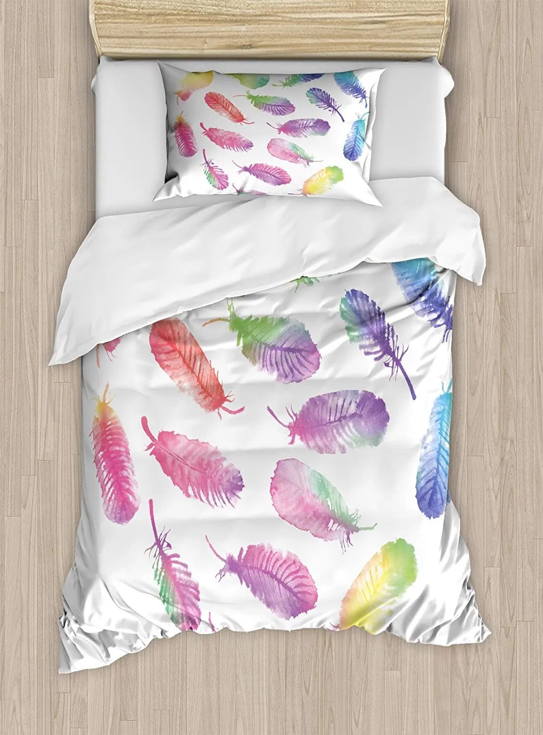 Feather Duvet Cover Set Fluffy Dreamy Artistic Pattern with Watercolor