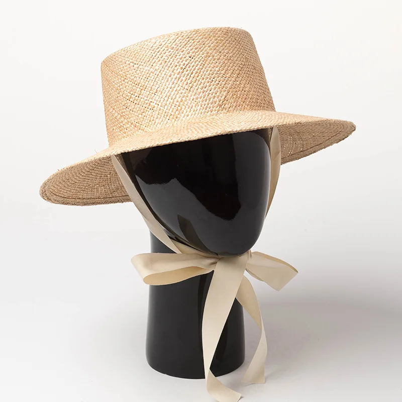 Straw Hat with Ribbon Tie Vintage Women Summer Beach Sun Hat
