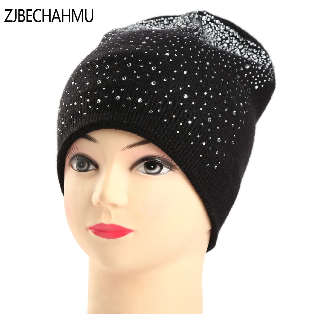 

New Winter Women's Winter Hats Knitted Wool Casual Mask Cap with Crystal Solid Color Ski Gorros Outdoor Hat for Girls