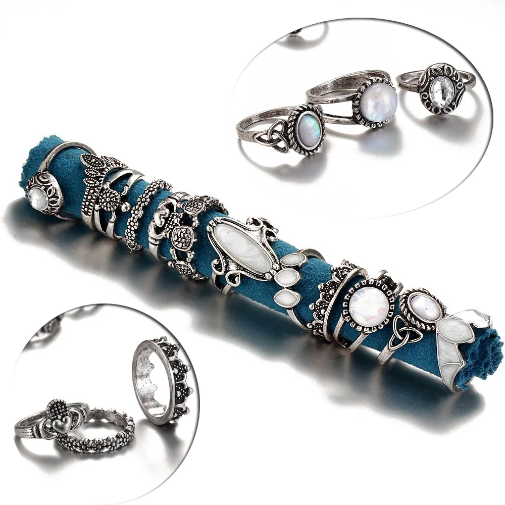 

12Pcs/set Boho Ethnic Midi Knuckle Stacking Rings Set Geometric Vintage Silver Fire Opal Finger Rings For Women Fashion Jewelry