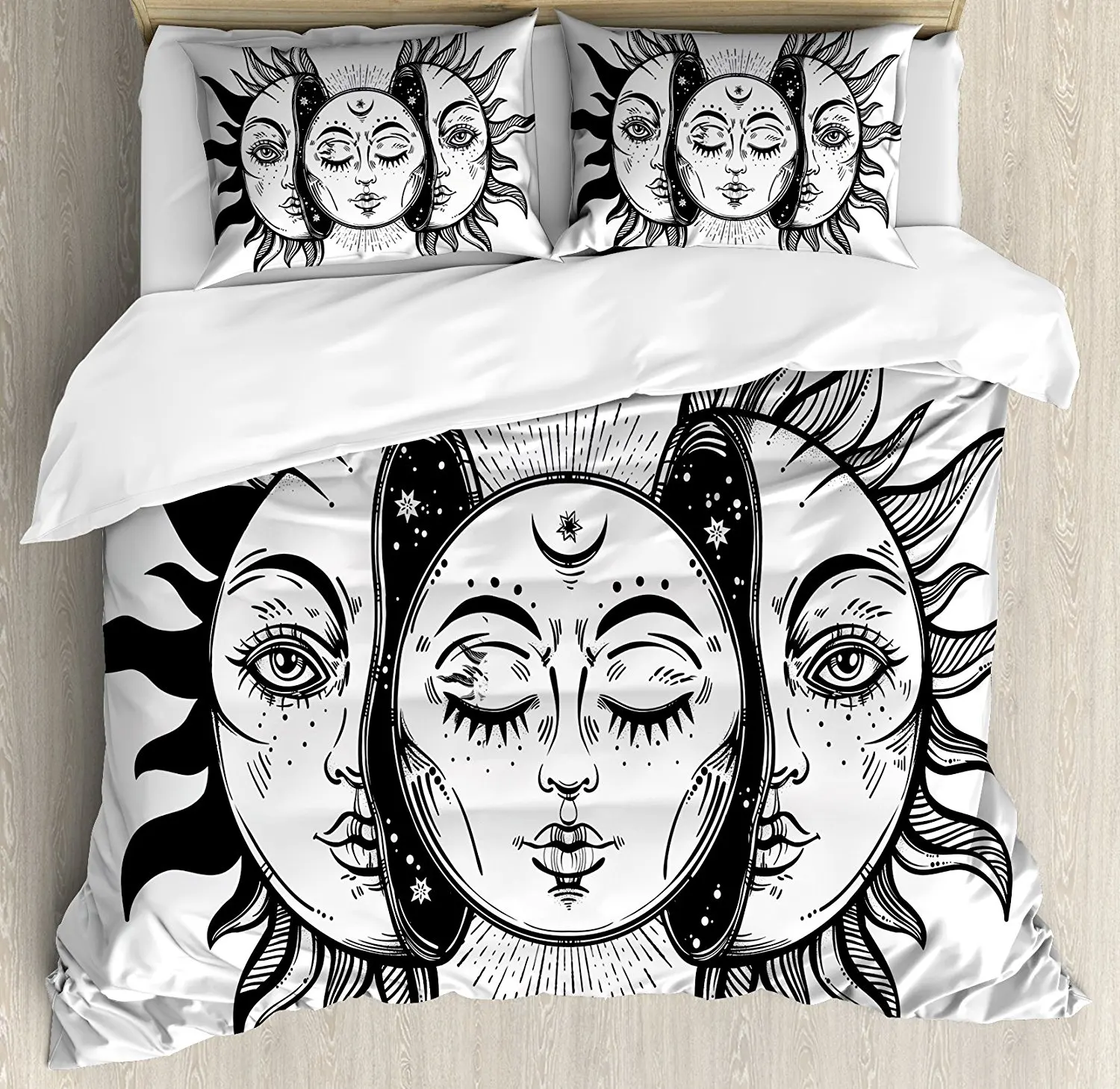 Moon Duvet Cover Set Monochrome Sun and Moon Pattern Oriental Image