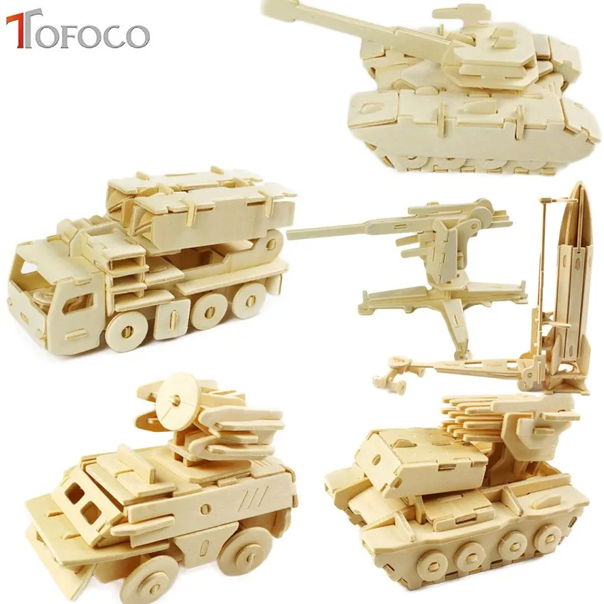 

TOFOCO DIY Kids 3D Wooden Puzzle Jigsaw Model Tank Missile Fighter Assembling Kits IQ Educational Toys For Children