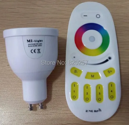 

free shipping 4W GU10 RGBW RGB+warm white/cool white 4 channel led bulb with remote, 2.4Ghz wifi compatible led bulb