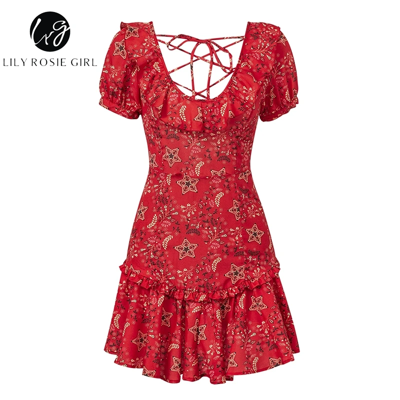 Nlw оборками для девочек, для девочек на шнуровке синего цвета, элегантное женское платье с низким вырезом на спине принт в богемном стиле повседневные платья с v-образным вырезом короткие пикантное платье vestidos - Цвет: Красный