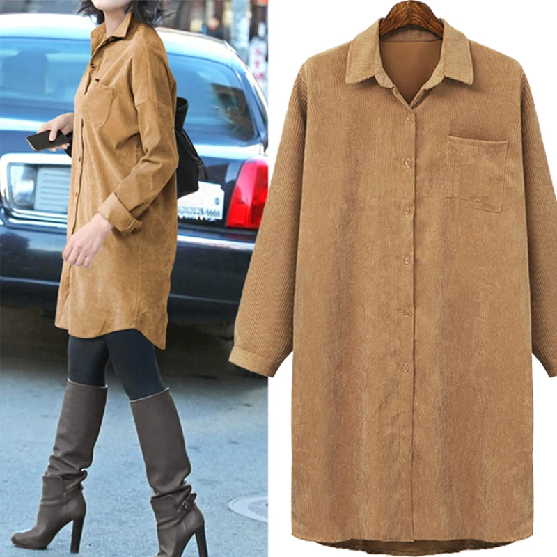 

Plus Size Corduroy Fashion Women Clothes Blouse Long Sleeves Casual Long Shirt Turn-down Collar Pocket Womens Tops Blouses